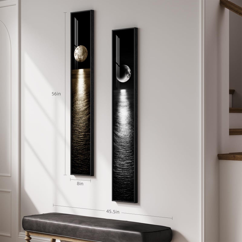 Cuspin Framed Long Narrow Vertical Moon Wall Art Set of 2, Modern Black White Gold Bright Art Prints Paintings, Night Sea Landscape Pictures for Living Room Entryway Hallway Dining Room Bedroom Wall Decor - Image 2