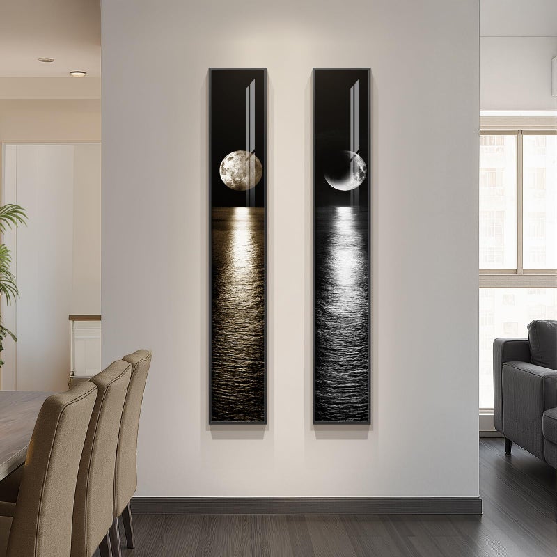 Cuspin Framed Long Narrow Vertical Moon Wall Art Set of 2, Modern Black White Gold Bright Art Prints Paintings, Night Sea Landscape Pictures for Living Room Entryway Hallway Dining Room Bedroom Wall Decor - Image 4