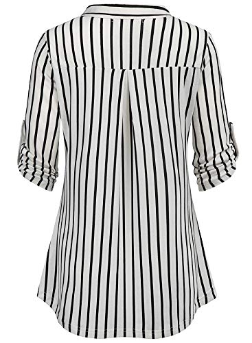 BEPEI Striped Shirt for Women,Dressy Casual Feminie Form Fitting Tunics Mandarin Collar Fall Trend Tops Elbow Sleeve Blouses Work Office Formal Business Clothing Polo Style Jersey,Black White M - Image 3