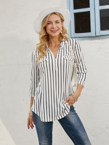 BEPEI Striped Shirt for Women,Dressy Casual Feminie Form Fitting Tunics Mandarin Collar Fall Trend Tops Elbow Sleeve Blouses Work Office Formal Business Clothing Polo Style Jersey,Black White M - Image 4