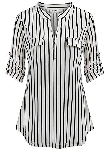 BEPEI Striped Shirt for Women,Dressy Casual Feminie Form Fitting Tunics Mandarin Collar Fall Trend Tops Elbow Sleeve Blouses Work Office Formal Business Clothing Polo Style Jersey,Black White M - Image 1