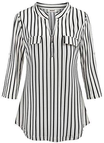 BEPEI Striped Shirt for Women,Dressy Casual Feminie Form Fitting Tunics Mandarin Collar Fall Trend Tops Elbow Sleeve Blouses Work Office Formal Business Clothing Polo Style Jersey,Black White M - Image 2