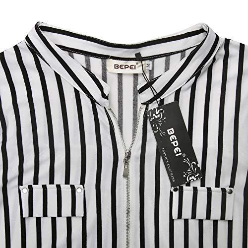 BEPEI Striped Shirt for Women,Dressy Casual Feminie Form Fitting Tunics Mandarin Collar Fall Trend Tops Elbow Sleeve Blouses Work Office Formal Business Clothing Polo Style Jersey,Black White M - Image 5