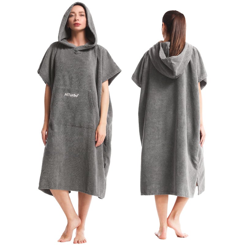Hiturbo Changing Towel Robe Absorbent Hooded Surf Poncho QuickDry Blanket Towels with Front Pocket for Swiming Surfing Aquatics One Size Unisex Gray