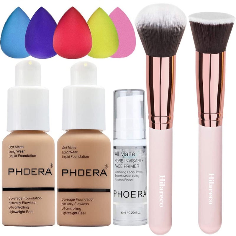 Hilareco PHOERA Foundation 104 and 105 & Face Primer,Liquid Full Coverage Foundation Set,Foundation Brush Powder Brush,5 Makeup Sponge,30ml PHOERA 24HR Matte Oil Control Concealer (104 Buff Beige + 105 Sand) - Image 1