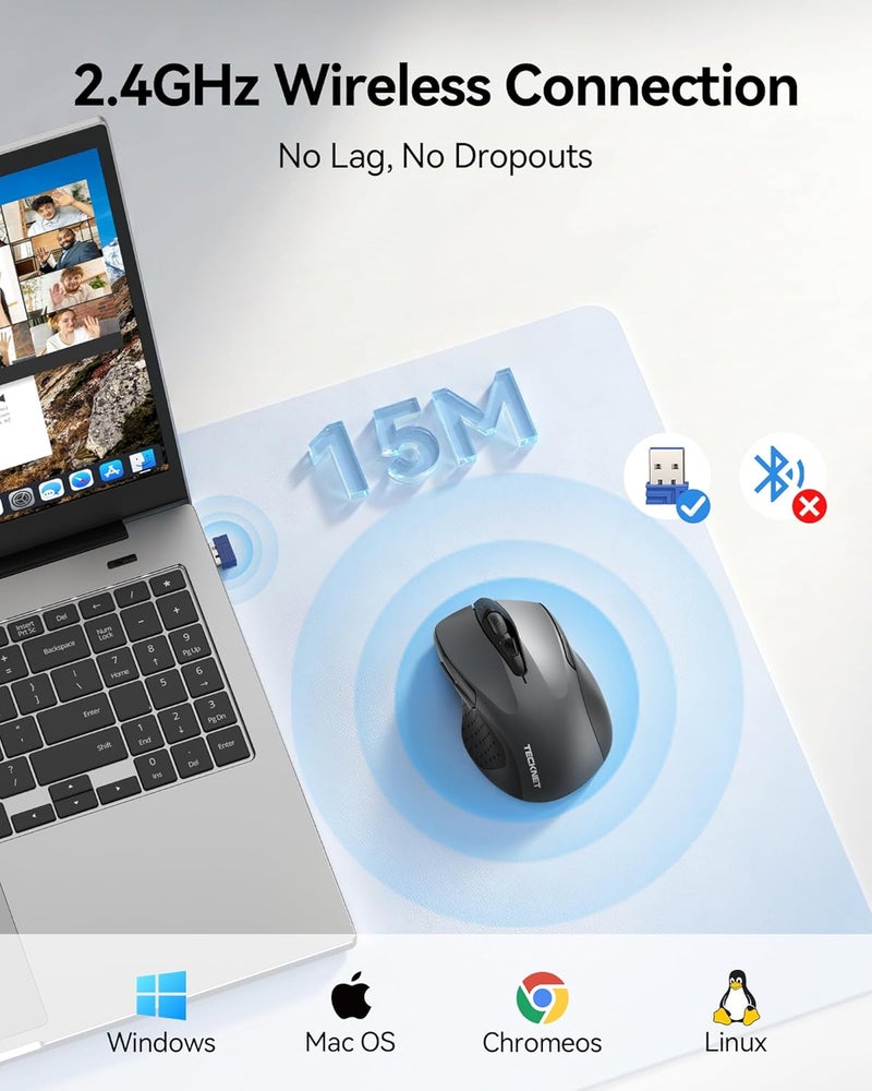 TECKNET Wireless Mouse, 2.4G Ergonomic Optical Mouse, Computer Mouse for Laptop, PC, Computer, Chromebook, Notebook, 6 Buttons, 24 Months Battery Life, 2600 DPI, 5 Adjustment Levels, Grey - Image 3