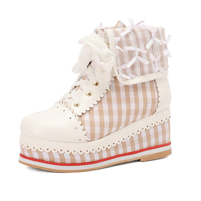 Water Platform Slope With Color Matching Plaid Women'S Boots 30-48 Round Head Sweet Lace Front Lace Short Boots - Image 1