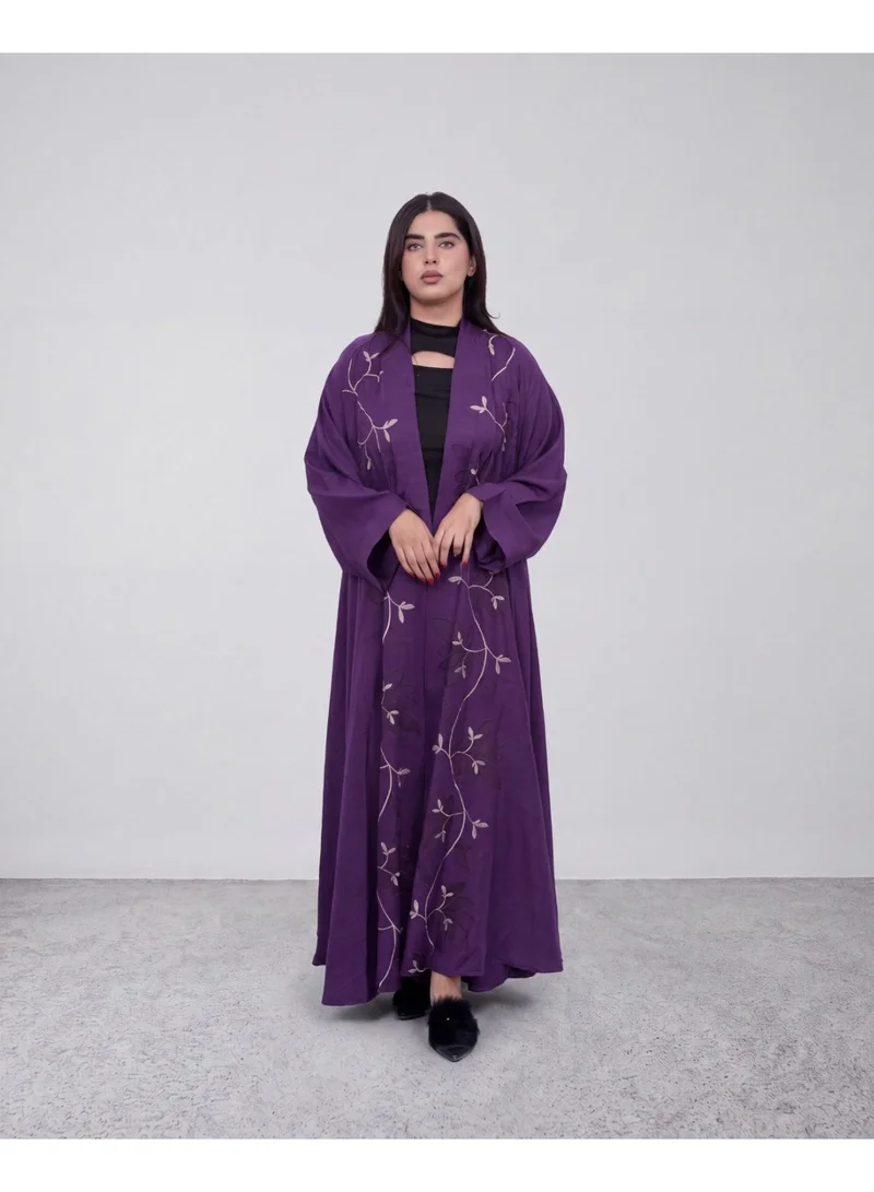 Fashion Line Elegant Front-Open Purple Abaya with Delicate Floral Leaf Embroidery