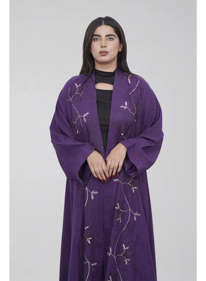 Fashion Line Elegant Front-Open Purple Abaya with Delicate Floral Leaf Embroidery