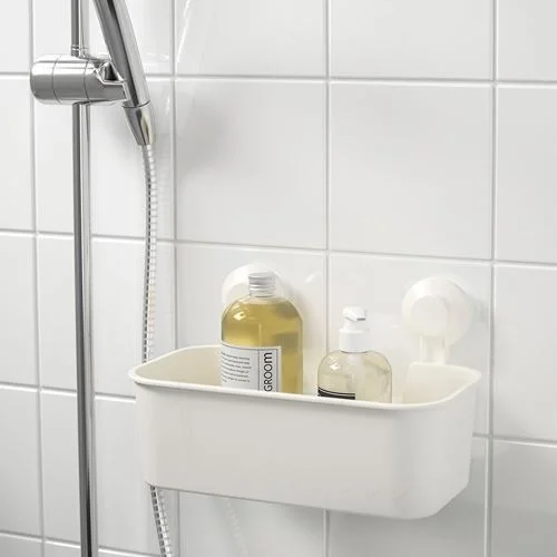 أيكيا White Shower Basket Square Bathroom Shelf Basket with Suction Cup