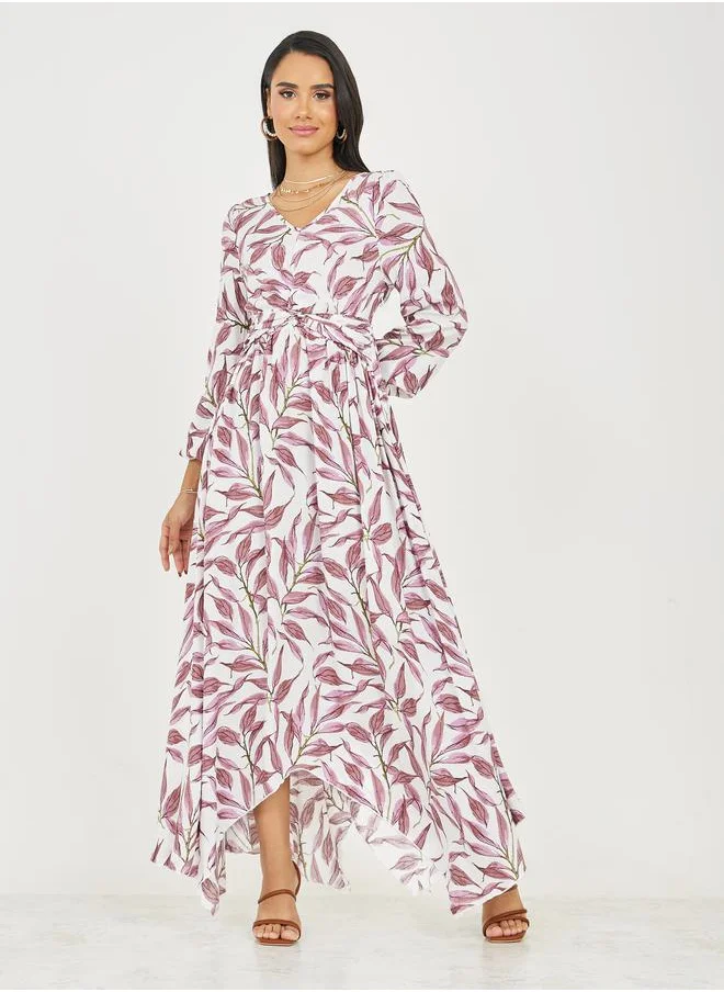 Styli Leaf AOP Front Twist Detail A-Line Midi Dress