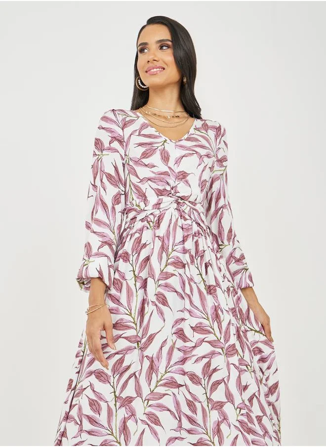 ستايلي Leaf AOP Front Twist Detail A-Line Midi Dress