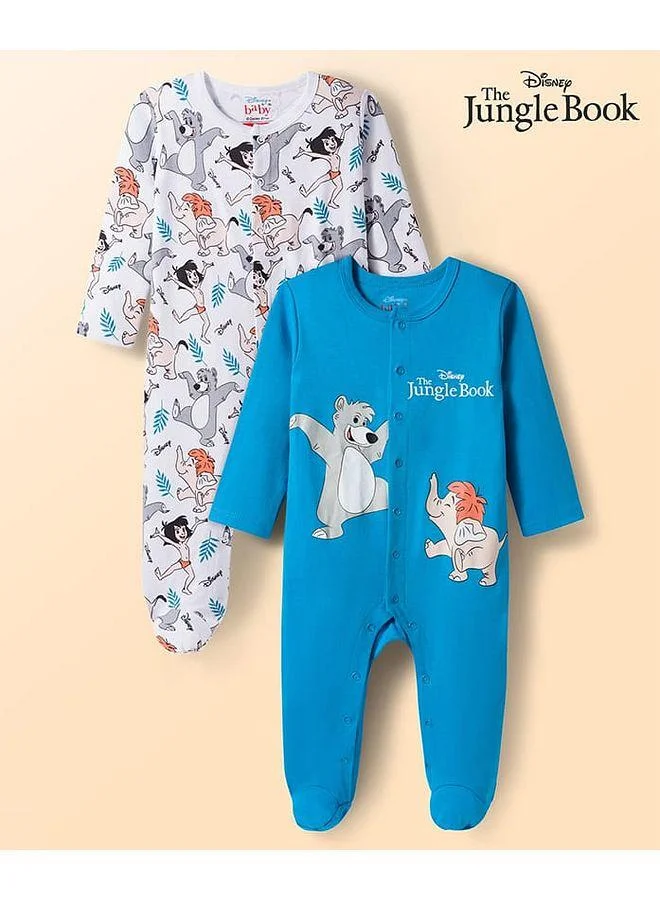 Babyhug Disney Babyhug Disney Cotton Footed Sleep Suits with Jungle Book Print (Pack of 2) - White & Blue