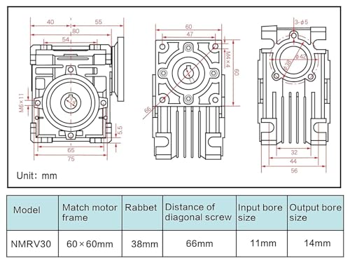 CNCTOPBAOS NMRV030 Worm Gear Reducer Speed Ratio 10:1 Aluminum Alloy Square RV30 NMRV30 Worm Gearbox Speed Reducer for Nema23 Stepper Motor 11mm Input and 14mm Output Shaft - Image 5