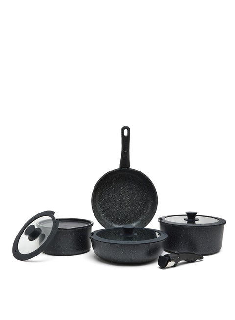 10 Piece Detachable Swiss Granite Cookware Set, Non-Stick, 1x20cm Sauce pan with silicone lid, 1x26cm Frypan with silicone lid, 1x24cm Casserole with silicone lid, 1x26cm Deep Frypan, 1x20cm fridge lid, 2 handles, Black color