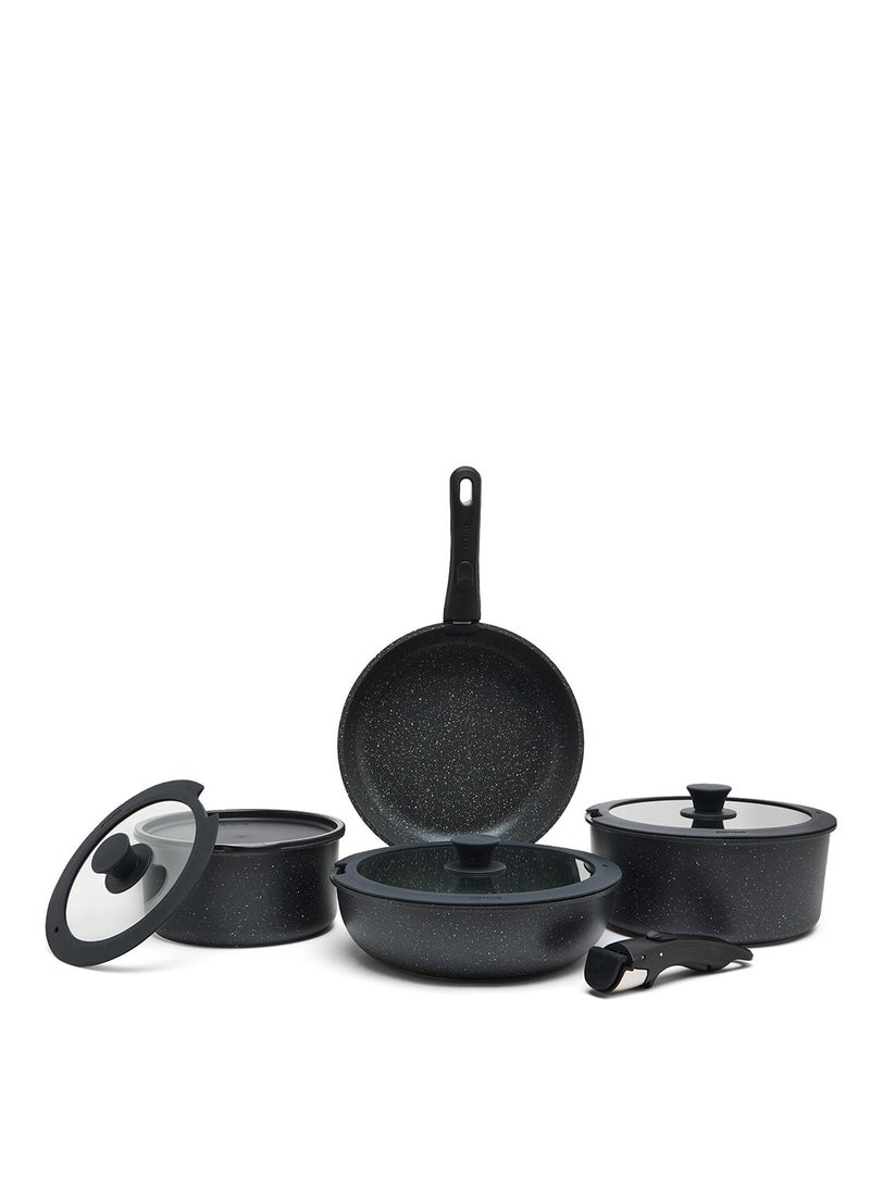 CAROTE 10 Piece Detachable Swiss Granite Cookware Set, Non-Stick, 1x20cm Sauce pan with silicone lid, 1x26cm Frypan with silicone lid, 1x24cm Casserole with silicone lid, 1x26cm Deep Frypan, 1x20cm fridge lid, 2 handles, Black color - Image 1