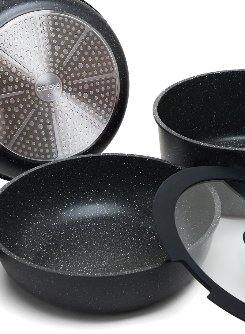 CAROTE 10 Piece Detachable Swiss Granite Cookware Set, Non-Stick, 1x20cm Sauce pan with silicone lid, 1x26cm Frypan with silicone lid, 1x24cm Casserole with silicone lid, 1x26cm Deep Frypan, 1x20cm fridge lid, 2 handles, Black color - Image 3