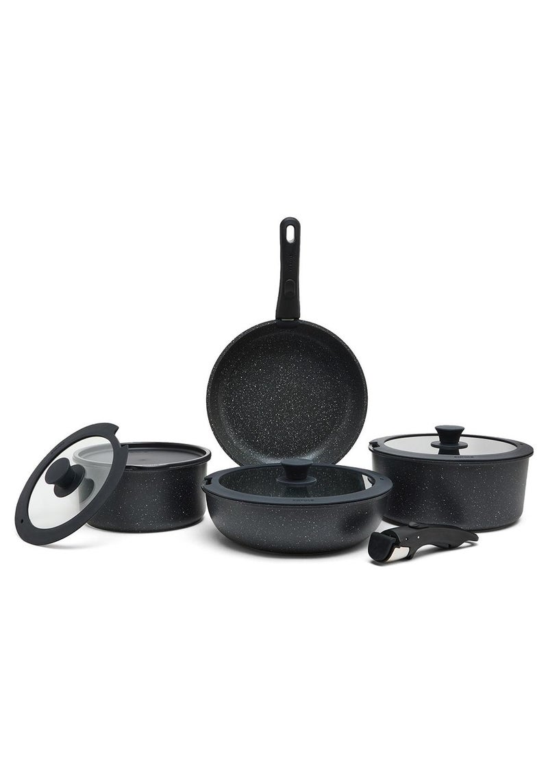 CAROTE مجموعة أواني الطهي السويسرية من الجرانيت القابلة للفصل 10 قطع، غير لاصقة، 1x20 سم قدر صلصة مع غطاء سيليكون، 1x26 سم مقلاة مع غطاء سيليكون، 1x24 سم طاجن مع غطاء سيليكون، 1x26 سم مقلاة عميقة، 1x20 سم غطاء ثلاجة، 2 مقبض، لون أسود - Image 1