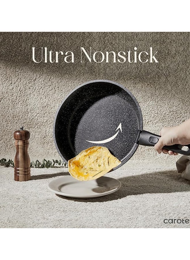 CAROTE - 10 Piece Detachable Swiss Granite Cookware Set, Non-Stick, 1x20cm Sauce pan with silicone lid, 1x26cm Frypan with silicone lid, 1x24cm Casserole with silicone lid, 1x26cm Deep Frypan, 1x20cm fridge lid, 2 handles, Black color - Image 1