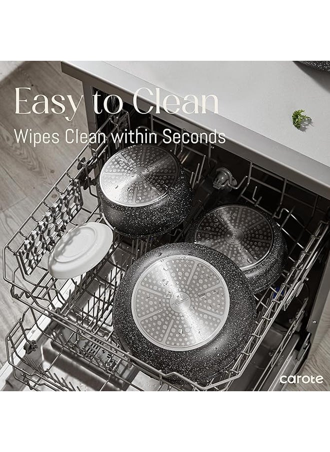 CAROTE - 10 Piece Detachable Swiss Granite Cookware Set, Non-Stick, 1x20cm Sauce pan with silicone lid, 1x26cm Frypan with silicone lid, 1x24cm Casserole with silicone lid, 1x26cm Deep Frypan, 1x20cm fridge lid, 2 handles, Black color - Image 1