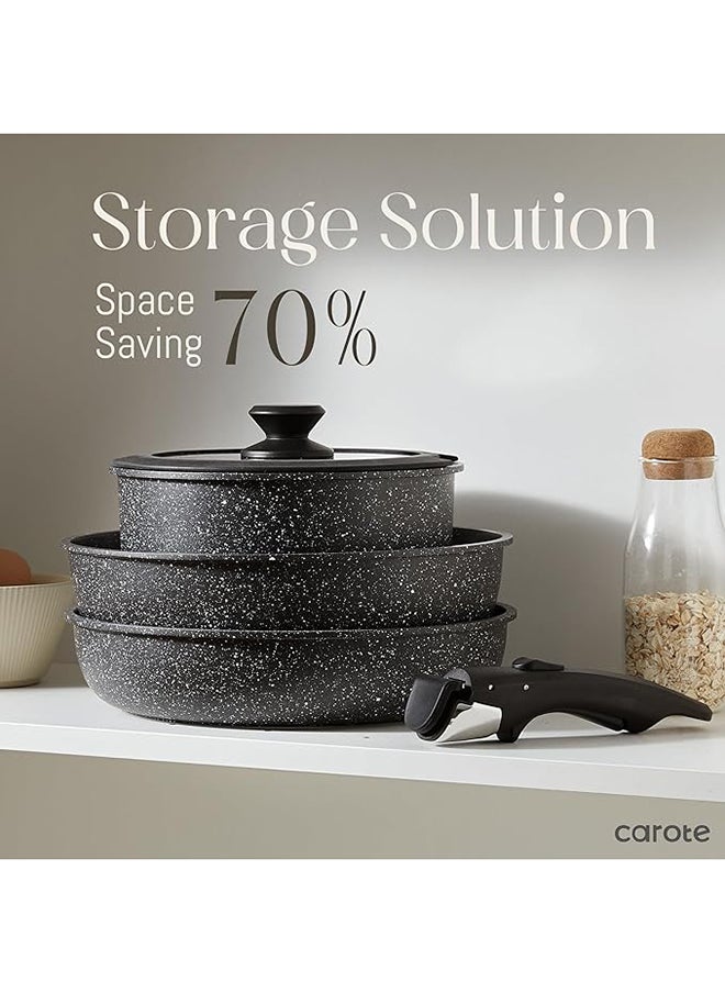 CAROTE - 10 Piece Detachable Swiss Granite Cookware Set, Non-Stick, 1x20cm Sauce pan with silicone lid, 1x26cm Frypan with silicone lid, 1x24cm Casserole with silicone lid, 1x26cm Deep Frypan, 1x20cm fridge lid, 2 handles, Black color - Image 1