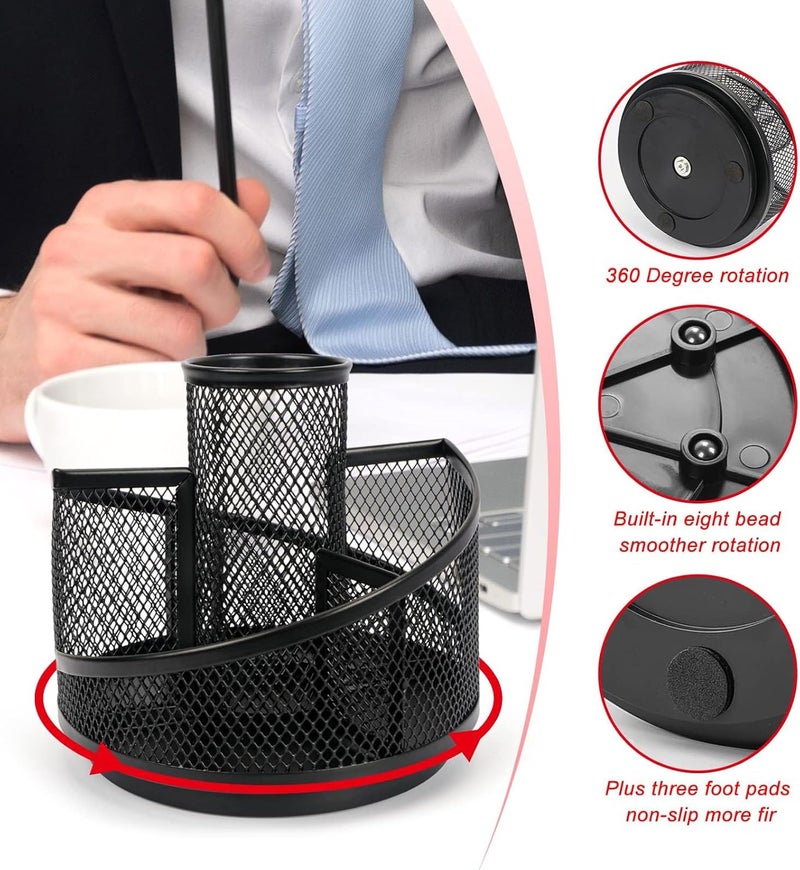 حامل أقلام للمكتب، منظم مكتب شبكي، حامل تخزين معدني دوار 360° بتصميم متدرج مع 5 أقسام لتخزين فرش الأقلام، صندوق تخزين لوازم الفن للمكتب المنزلي - Image 3