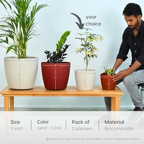 Eha Set of 2 Earth-Friendly Deco 9" Self-Watering pots and Planters | Bamboo Based | UV Protected | for Indoor, Home Decor, Outdoor, Balcony & Garden | SCastle-Coral - Image 2
