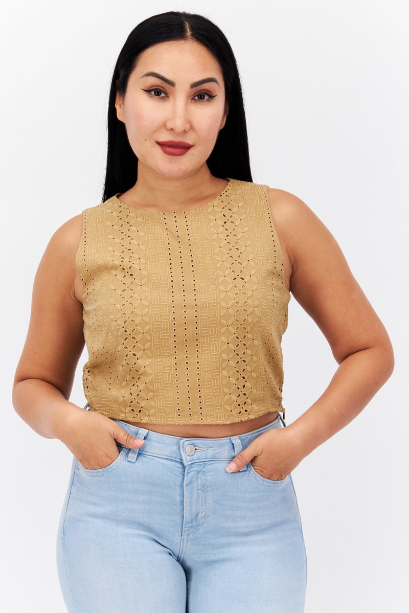 ESPRIT Women Round Neck Sleeveless Embroidered Tank Top, Olive - Image 1