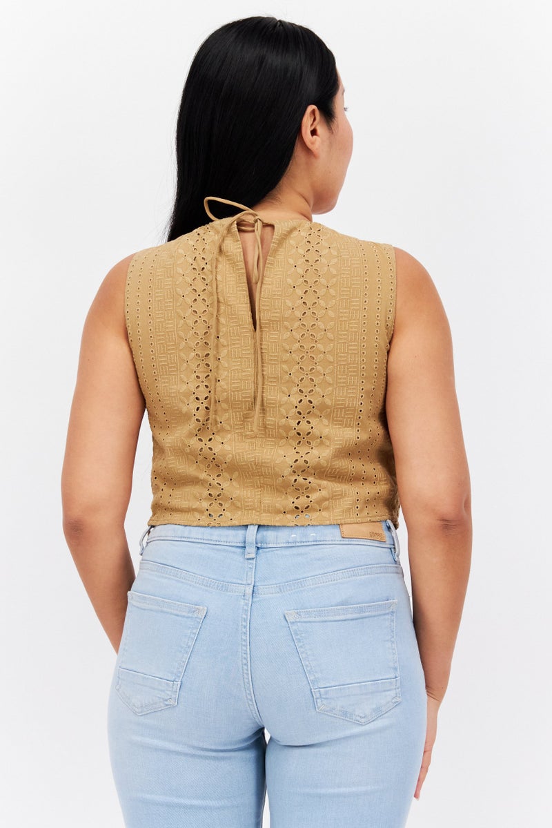 ESPRIT Women Round Neck Sleeveless Embroidered Tank Top, Olive - Image 3