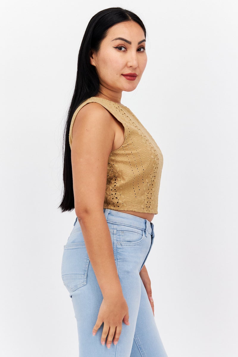 ESPRIT Women Round Neck Sleeveless Embroidered Tank Top, Olive - Image 4