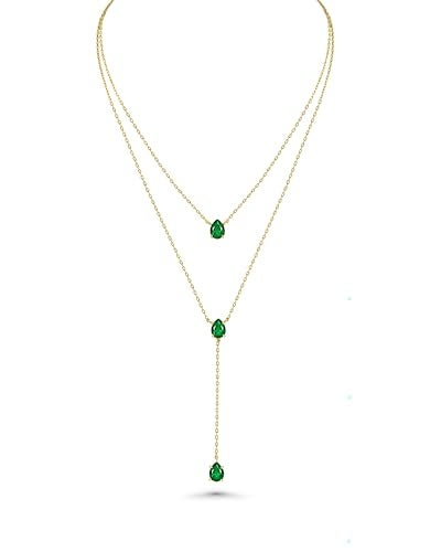 SNGIA Long 18K Gold Plated Blue Green Red Layered Pendant Necklace For Women (Emerald, Ruby, Seafoam, Sky, Sapphire, Pink), Dainty Birthstone Necklace, Statement Necklace Jewelry Gifts. - Image 1