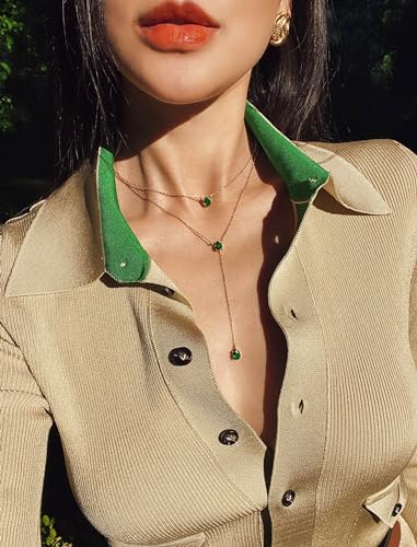 SNGIA Long 18K Gold Plated Blue Green Red Layered Pendant Necklace For Women (Emerald, Ruby, Seafoam, Sky, Sapphire, Pink), Dainty Birthstone Necklace, Statement Necklace Jewelry Gifts. - Image 5