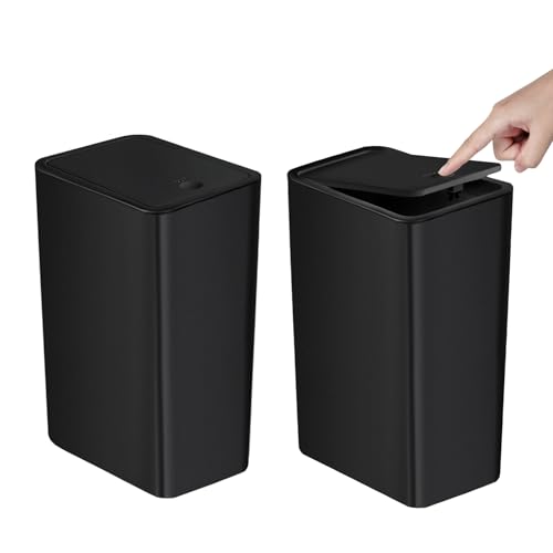 TIPGO Bathroom Trash Can with Lid 10 Liter 26 Gallon Slim Garbage Can Small Trash Bin Waste Basket with PopUp Lid for Kitchen Bedroom Living Room Office 2 Pack Black