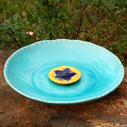 Topadorn Birdbath Ceramic Bowl Decor for Bee Bird Bath Outdoor Garden Vintage Yard,Blue with Yellow Flower - Image 2