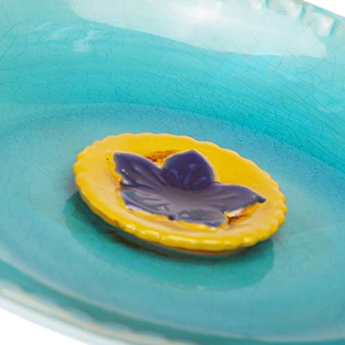 Topadorn Birdbath Ceramic Bowl Decor for Bee Bird Bath Outdoor Garden Vintage Yard,Blue with Yellow Flower - Image 3