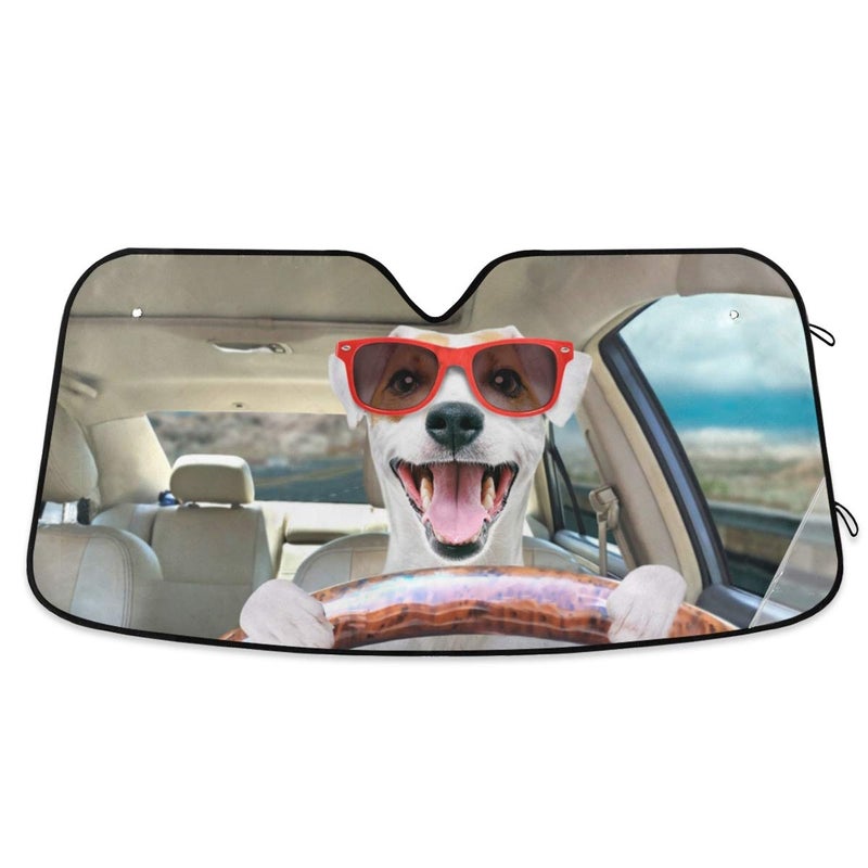 Car Windshield Sun Shade Funny Dog Driving a Car, Blocks Sun Visor Protector Foldable Sun Shield for Most Sizes
