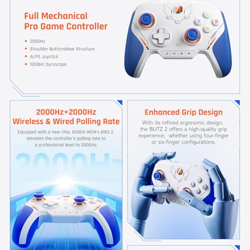 BIGBIG WON BLITZ 2 Pro PC Video Game Controller, TMR Electromagnetic Joystick,2000Hz Wireless Polling Rate,1000Hz Gyroscope,16 Mechanical Buttons,PC+Mobile APP Gamepads for FPS Games-Gray - Image 4