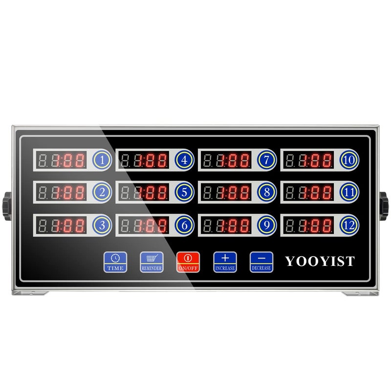 YOOYIST Commercial Kitchen Timers 12 Channel Stainless Steel LED Digital Timer Reminder Function Loud Alarm Black