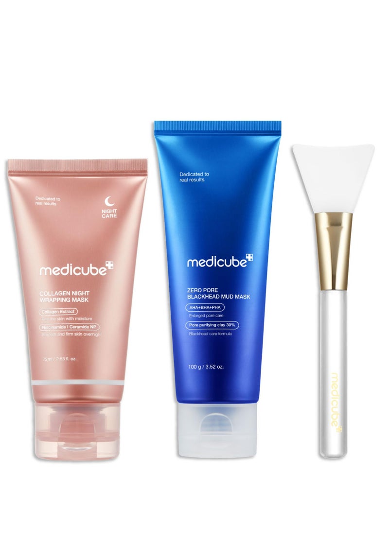 Medicube Viral Glass Skin Faical Mask Duo: Collagen Overnight Wrapping Peel Off Facial Mask Pack & Zero Pore Blackhead Mud Facial Mask & Jelly Brush  - Image 1