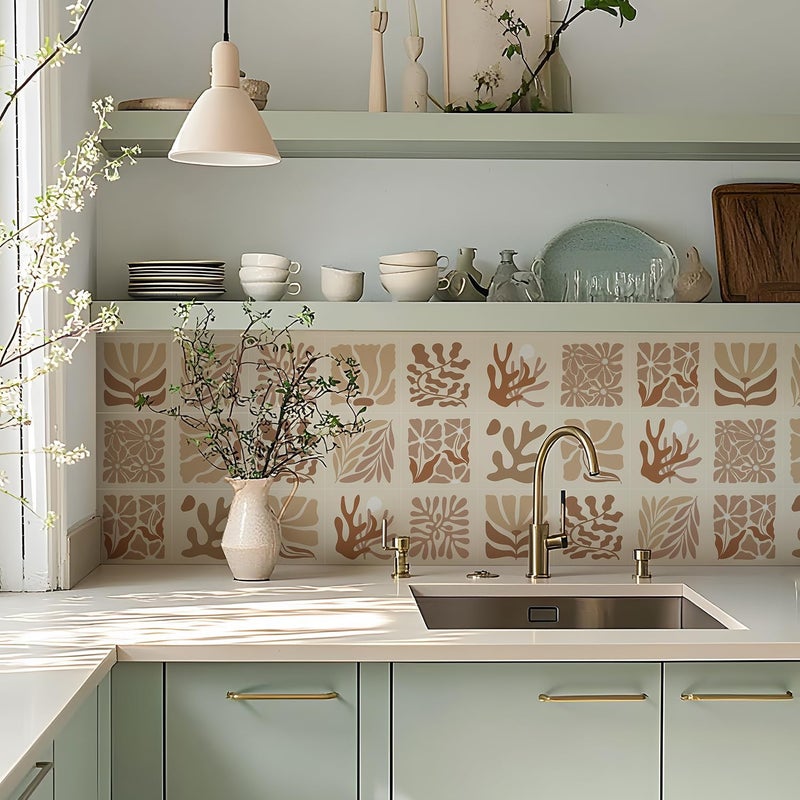 Alwayspon Self Adhesive Wall Tile Stickers, 25 Pcs 20 cm / 8 inch, Peel and Stick on Tiles, Vinyl Floor Waterproof Splash Protection for Kitchen Bathroom, Brown - Image 1