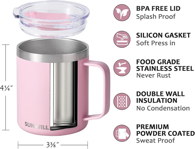 SUNWILL Insulated Coffee Mug with Lid, Travel Tumbler Reusable, 14 oz Stainless Steel Cup for Camping, Office, Home, Powder Coated Sakura - Image 2