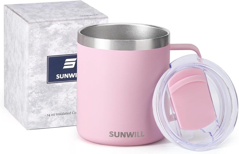 SUNWILL Insulated Coffee Mug with Lid, Travel Tumbler Reusable, 14 oz Stainless Steel Cup for Camping, Office, Home, Powder Coated Sakura - Image 5