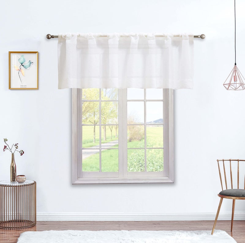 July Joy White Sheer Valance Curtains for Kitchen 18 Inch Length Rod Pocket Window Drapes Faux Linen Semi Sheer Small Curtains for Bathroom Basement W 52 x L 18 inch 2 Panels