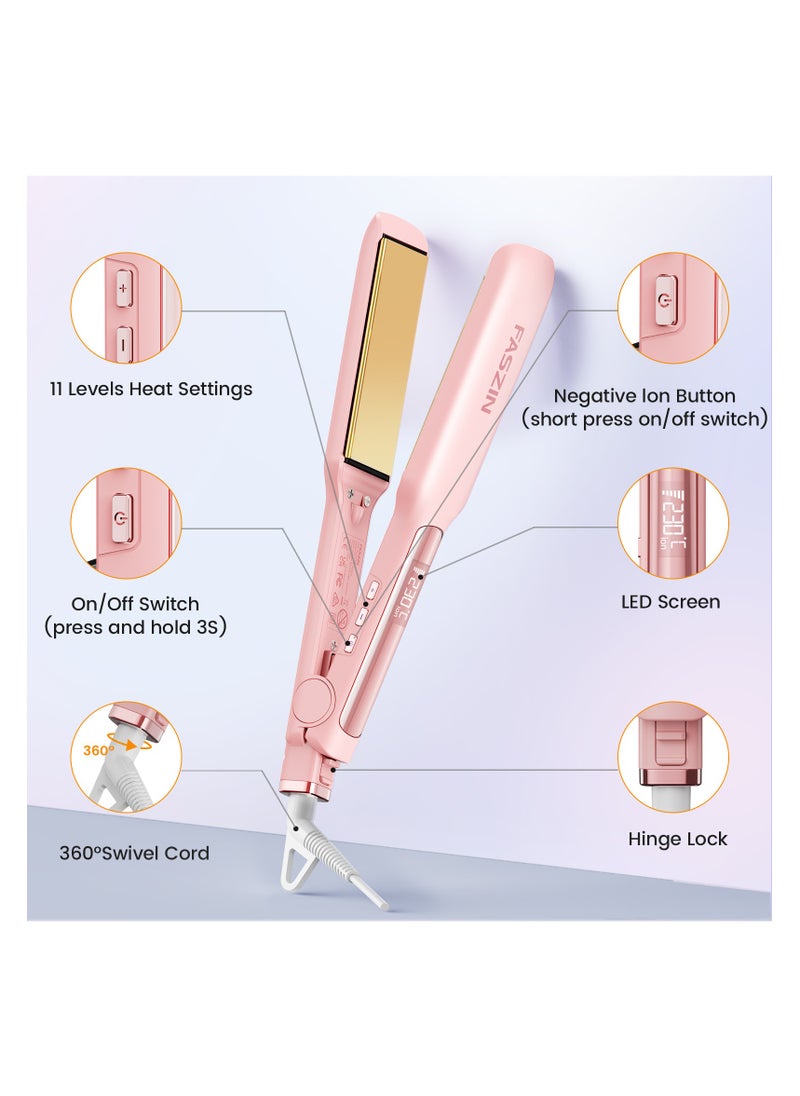 Faszin - Professional Hair Straightener 42MM Wide-Plate Titanium Negative Ion Flat Iron 30s Rapid Heating LED Real-Time Temp Display Wide Voltage 10 Adjustable Temperature Levels (130°C-230°C) PINK - Image 1