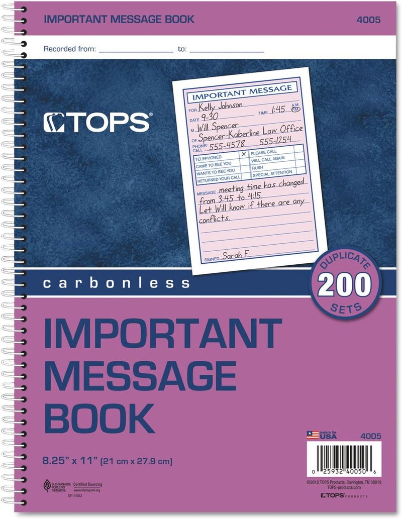 TOPS 4005 Important Message Book, 11-Inch x8-1/4-Inch, 200 Sets, PK/CY Paper - Image 2
