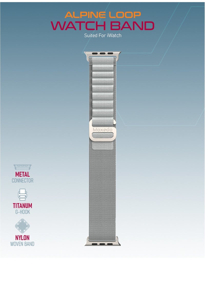 Moxedo - Moxedo Alpine Loop Watch Band Adjustable Sports Nylon Woven with Titanium G-Hook Strap Compatible with Apple Watch Band Series 8,7,6,5,4,3,2,1,SE Ultra design for 44mm,45mm,49mm (Light Grey) - Image 1