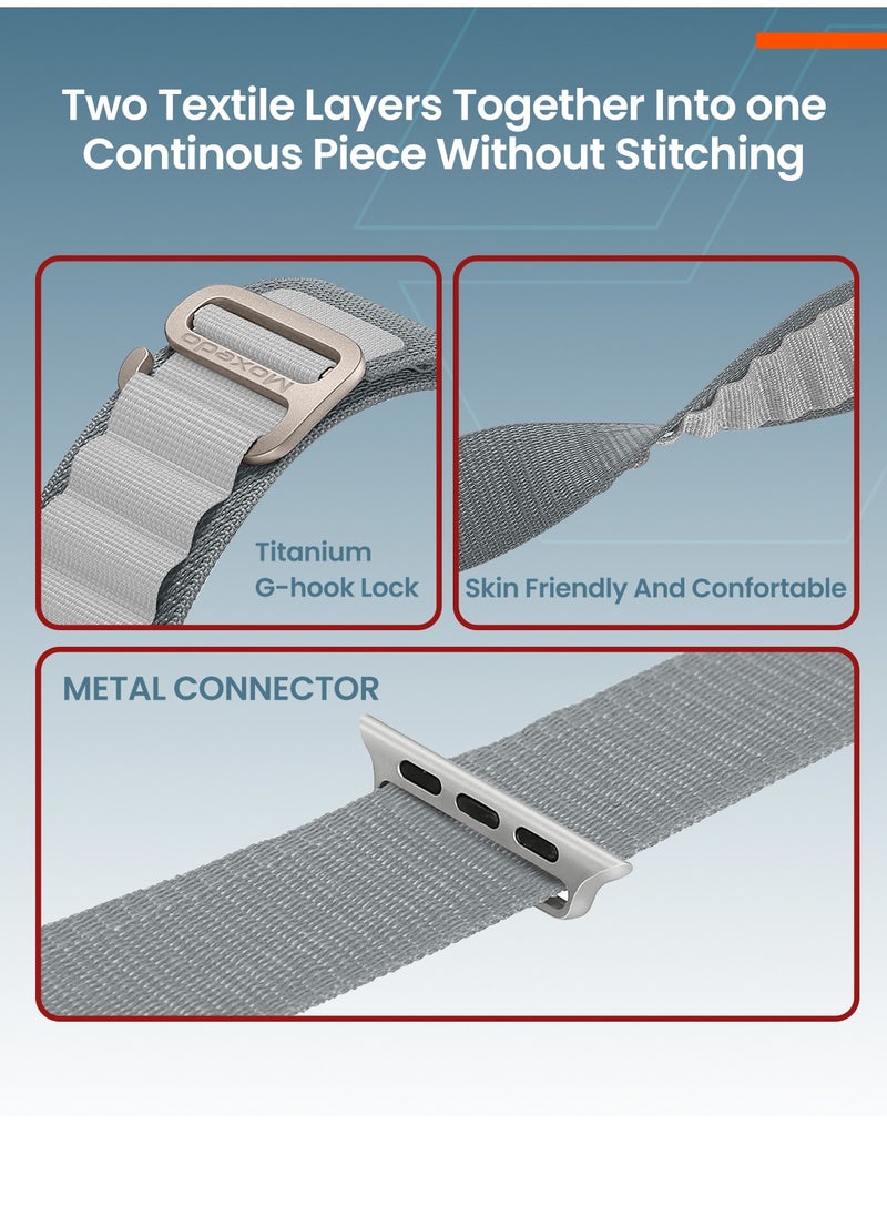 Moxedo - Moxedo Alpine Loop Watch Band Adjustable Sports Nylon Woven with Titanium G-Hook Strap Compatible with Apple Watch Band Series 8,7,6,5,4,3,2,1,SE Ultra design for 44mm,45mm,49mm (Light Grey) - Image 1