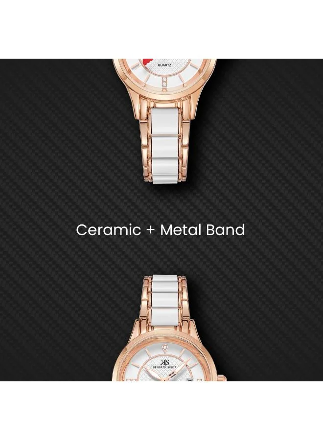 Kenneth Scott White Women's Ceramic + Metal Analog Watch K23517-RCWW - 30 mm for Women | Best Price UAE