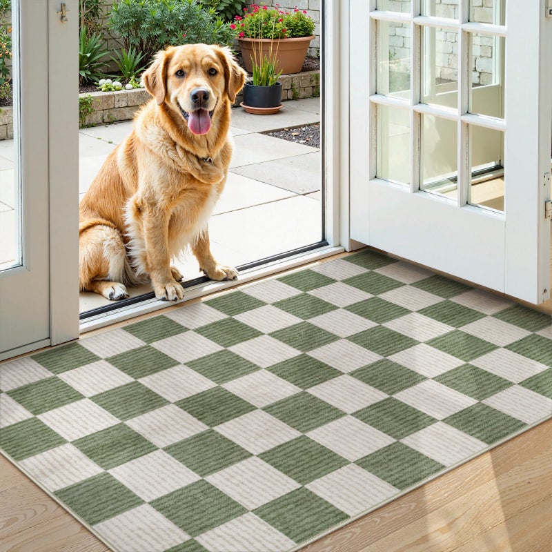 LIVEBOX 3x5 Washable Area Rug Checkered, Non-Slip Small Entryway Rug Green Farmhouse Neutral Classic Geometric Boys Rug for Bedroom Room Low-Pile Carpet for Indoor Kitchen Bathroom(Sage Green 3'x5') - Image 2