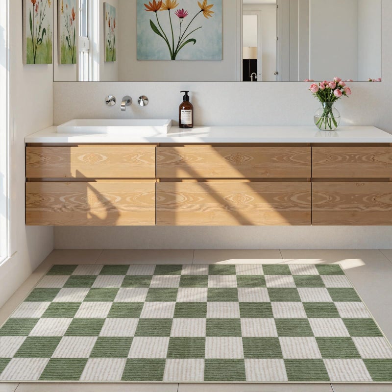 LIVEBOX 3x5 Washable Area Rug Checkered, Non-Slip Small Entryway Rug Green Farmhouse Neutral Classic Geometric Boys Rug for Bedroom Room Low-Pile Carpet for Indoor Kitchen Bathroom(Sage Green 3'x5') - Image 3